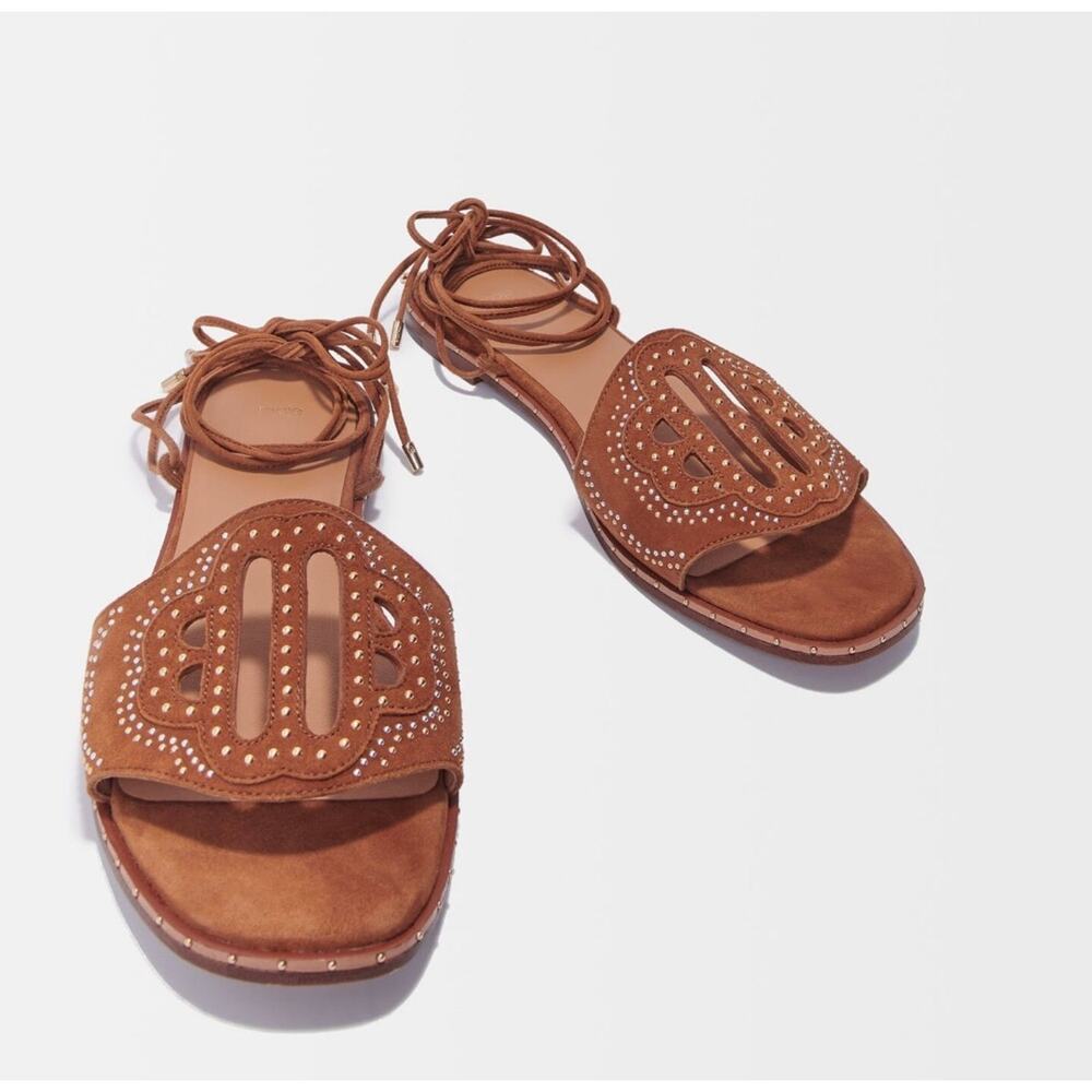 NEW in Box MAJE Flat Studded Lace Up Sandals Camel size 37/ 6.5